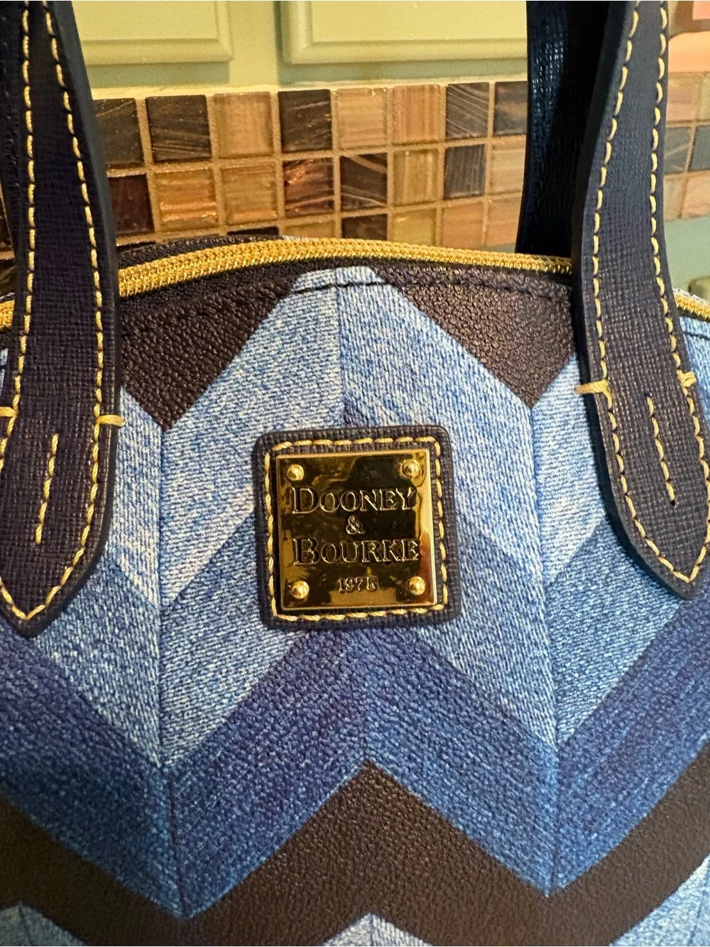 Dooney & Bourke Blue Chevron Satchel with Gold Chain Strap